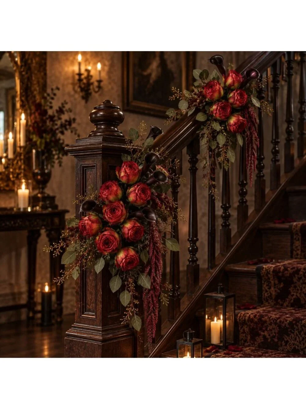 Burnt Edge Artificial Roses, 18 Stem Red Rose Bouquet, 15 Inch Faux Flowers, Wed